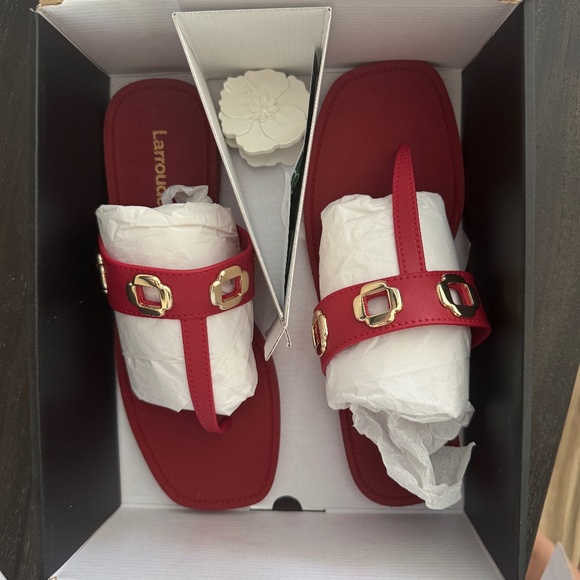 Larroudé Milan Grommet Thong Sandals - Scarlet 10/11 - Picture 2 of 8